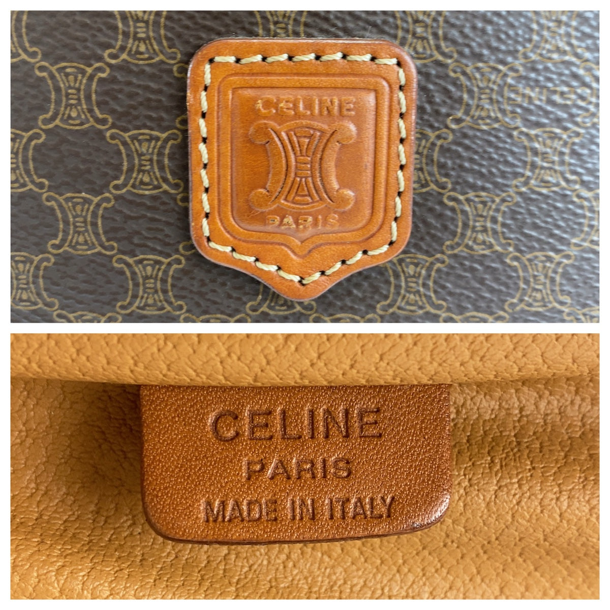 12032
CELINE セリーヌ ヴィンテージ マカダム ブラウン ゴールド金具 PVC / レザー ハンドバッグ バニティバッグ アクセサリーポーチ レディース