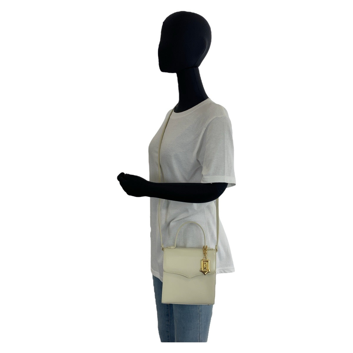 11953
YVES SAINT LAURENT イヴ サンローラン ヴィンテージ YSL ホワイト ゴールド金具 レザー ショルダーバッグ ハンドバッグ 2way レディース