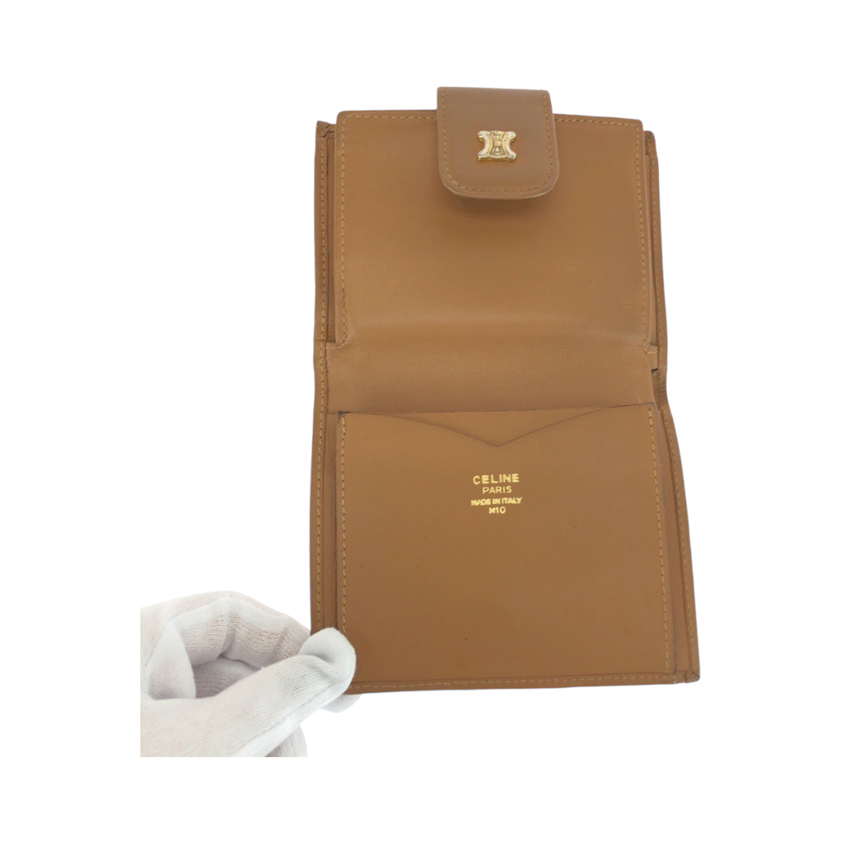 12951
CELINE セリーヌ ヴィンテージ マカダム ブラウン ゴールド金具 PVC M10 折財布 コンパクトウォレット がま口 レディース