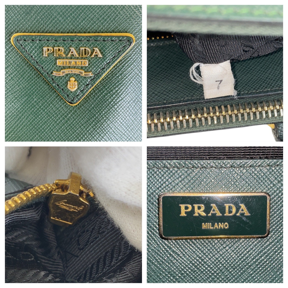12817
PRADA プラダ サフィアーノ 三角ロゴプレート グリーン ゴールド金具 レザー トートバッグ ハンドバッグ ショルダーバッグ 2way レディース