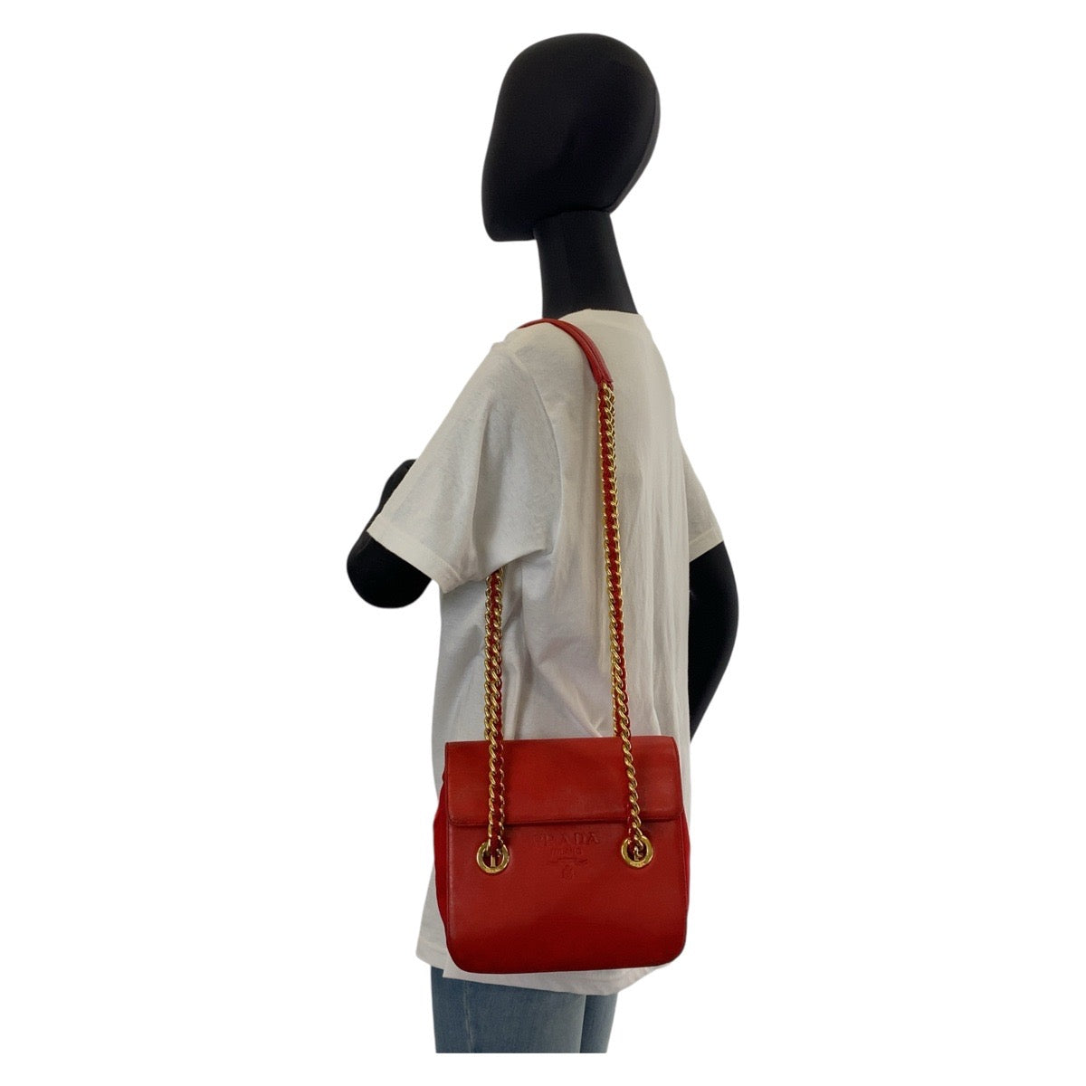 13033
PRADA プラダ ヴィンテージ レッド ゴールド金具 レザー チェーン ショルダーバッグ ポシェット レディース