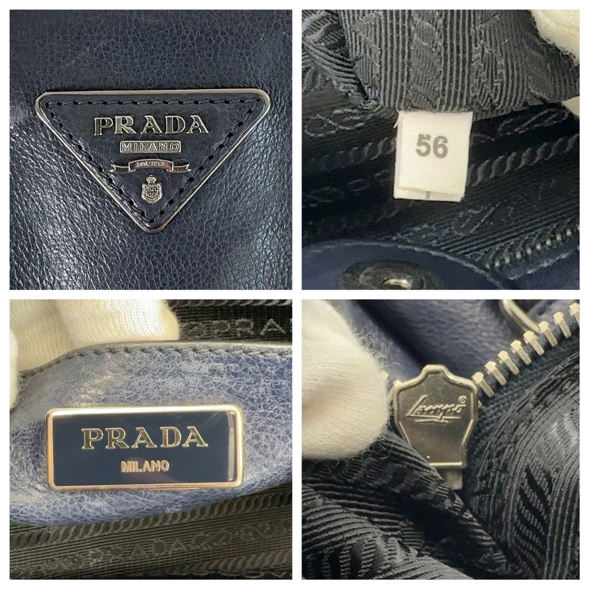 13054
PRADA プラダ 三角ロゴプレート ネイビー シルバー金具 レザー トートバッグ ハンドバッグ レディース