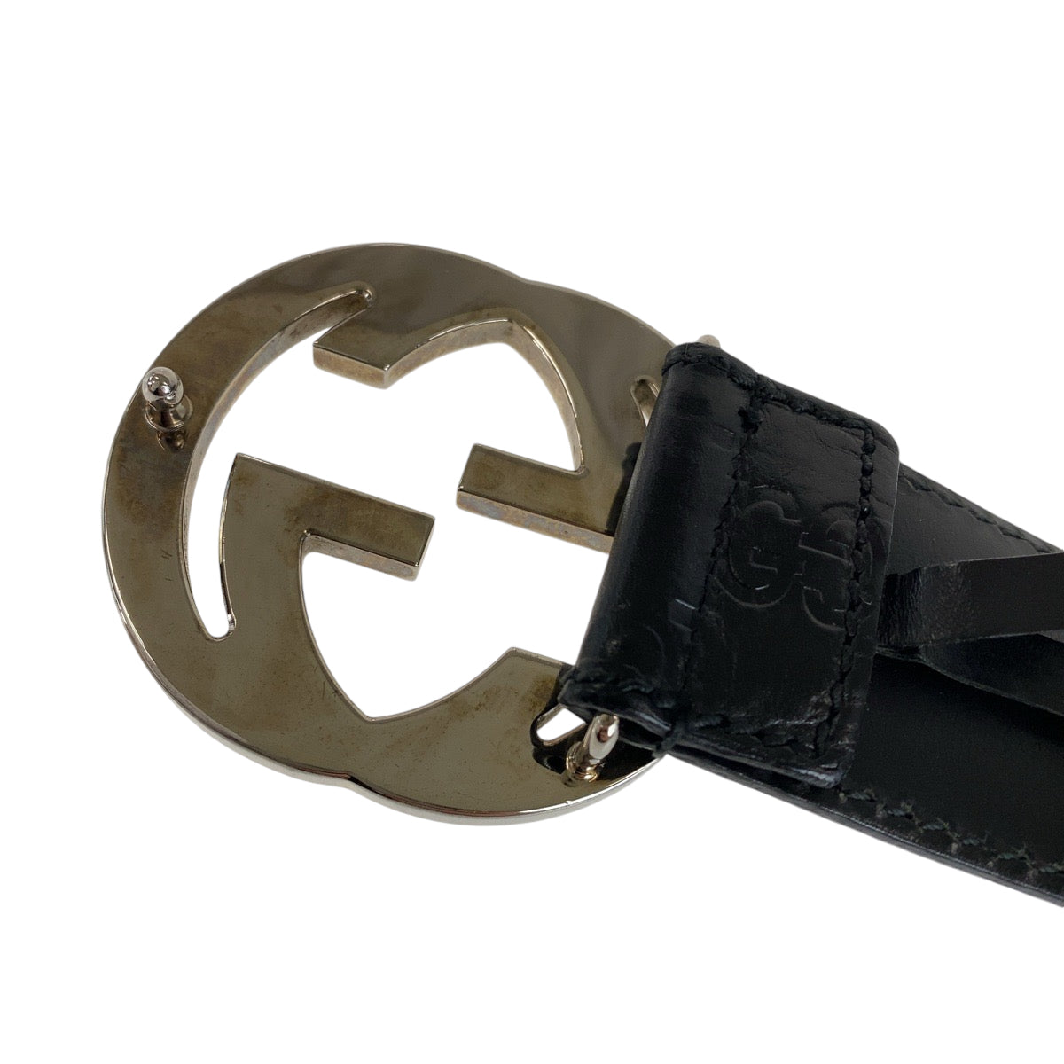 13140
GUCCI グッチ インターロッキング グッチシマ 85cm/34inc ブラック 黒 シルバー金具 レザー 114984 ベルト バックル メンズ
