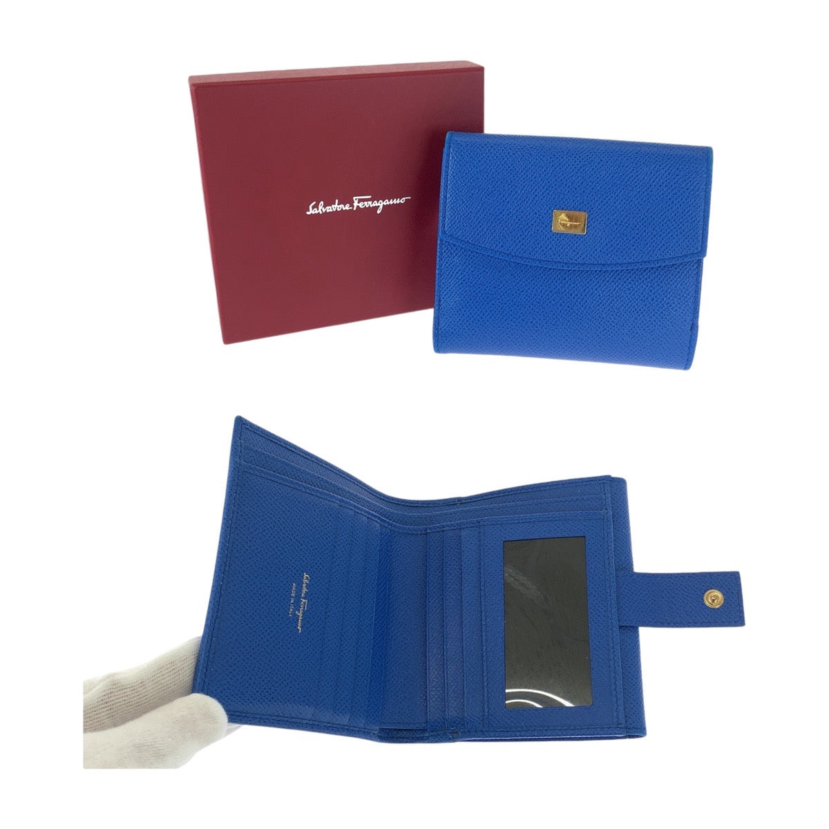 12791
Salvatore Ferragamo サルヴァトーレフェラガモ ブルー ゴールド金具 レザー 折財布 コンパクトウォレット レディース