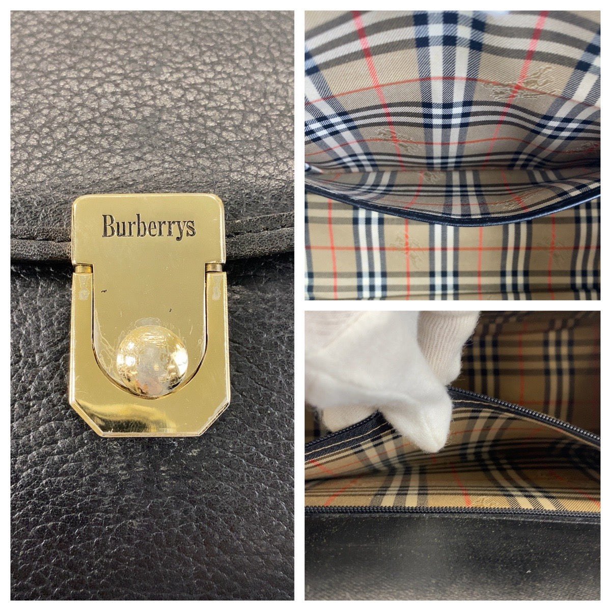 14046
BURBERRY バーバリー 中チェック柄 ブラック 黒 ゴールド金具 レザー ハンドバッグ レディース