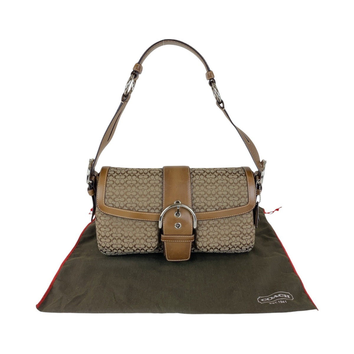 13186
COACH コーチ シグネチャー ブラウン ベージュ シルバー金具 キャンバス / レザー ショルダーバッグ レディース