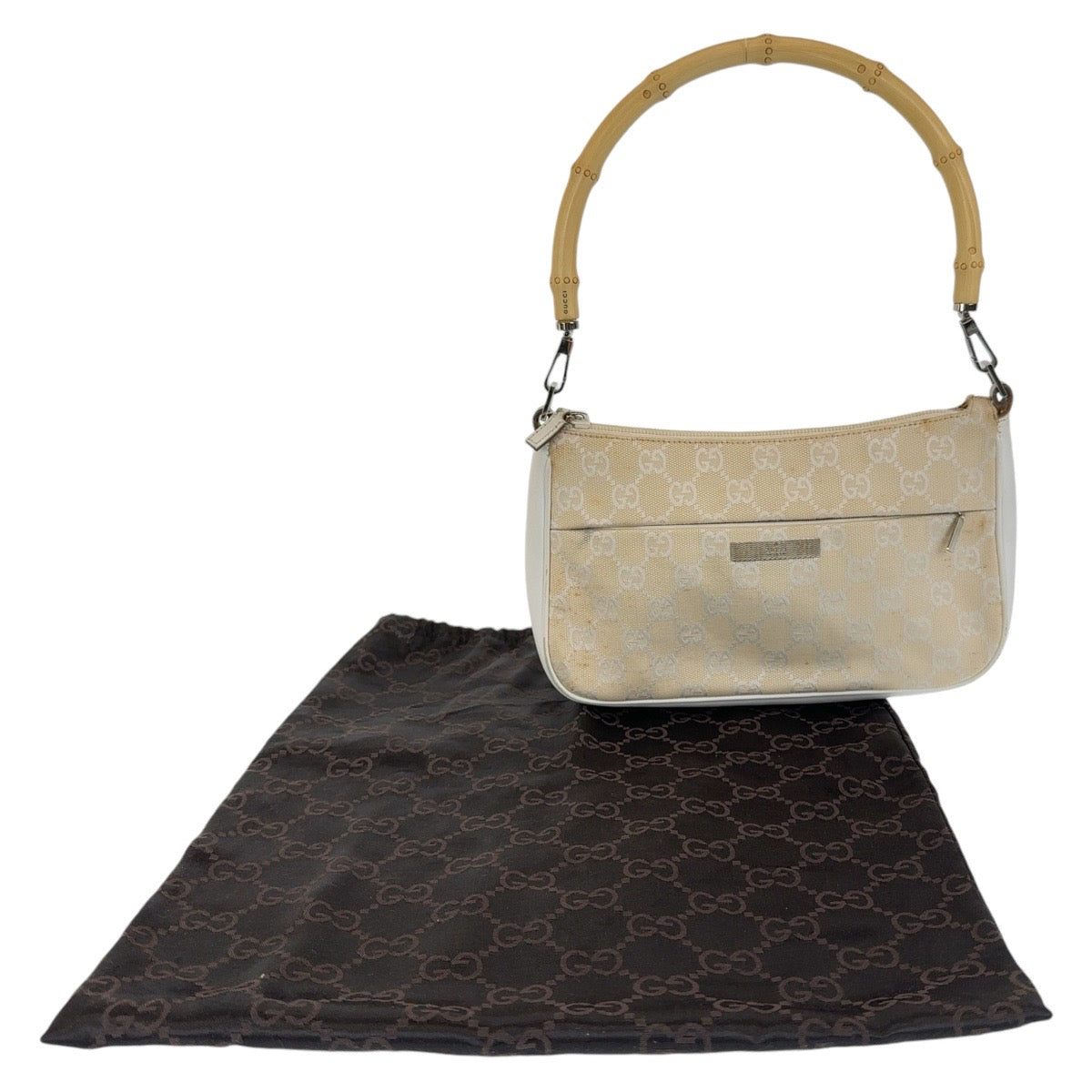 13195
GUCCI グッチ バンブー ホワイト ベージュ シルバー金具 GGキャンバス / レザー 001 3870 ショルダーバッグ ハンドバッグ アクセサリーポーチ レディース