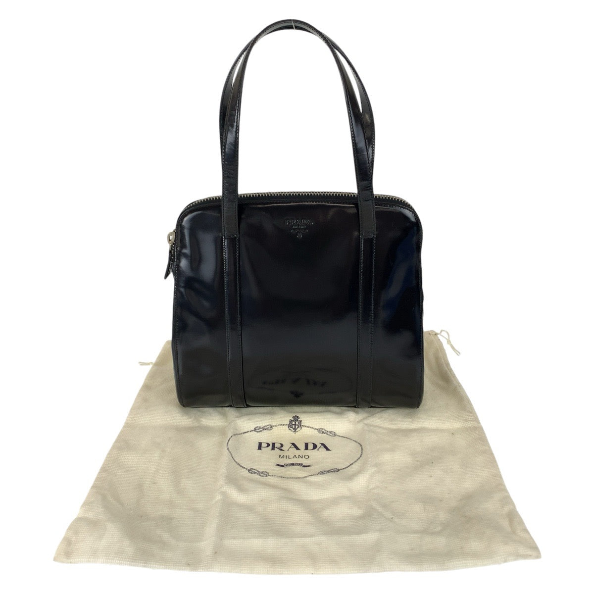 PRADA Prada Black Silver Hardware Patent Leather Handbag Tote Bag Women's