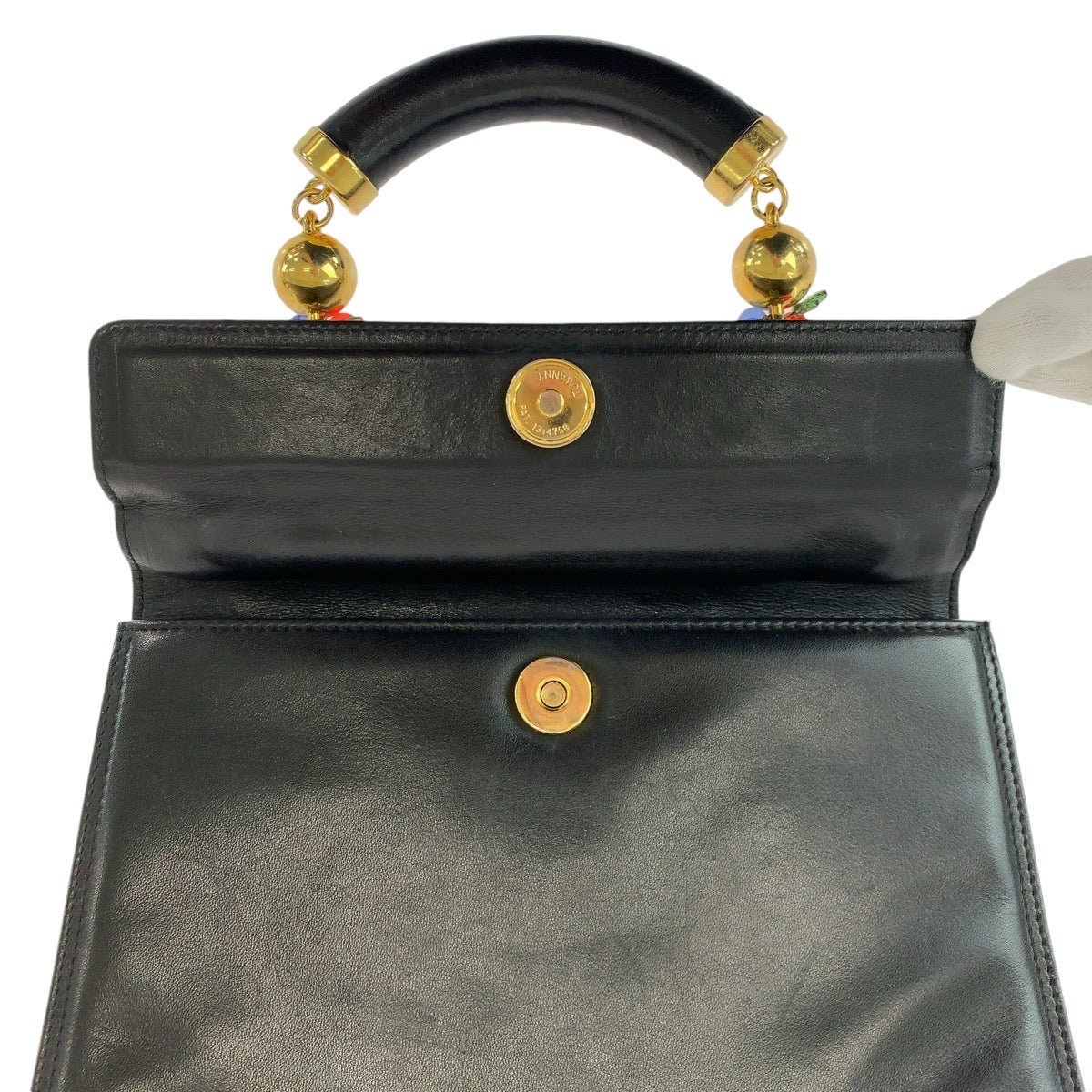13288
Gianni Versace ジャンニ ヴェルサーチ ヴィンテージ ビジュー ボールチェーン ブラック 黒 ゴールド金具 レザー / リザード ハンドバッグ レディース