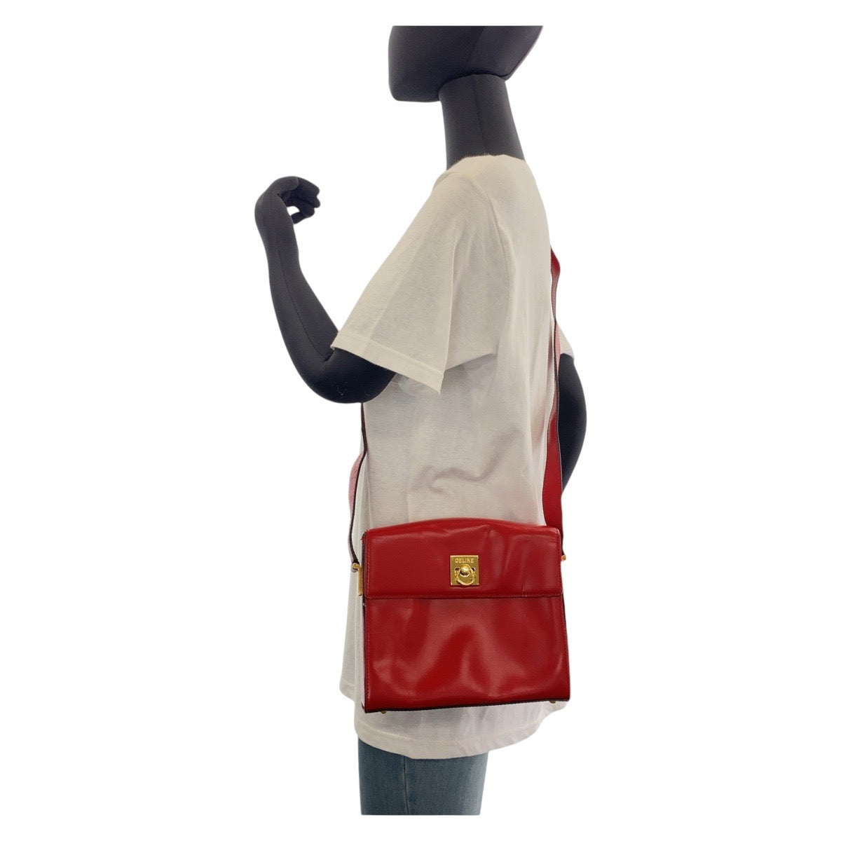 13293
CELINE セリーヌ ヴィンテージ ロゴリング レッド ゴールド金具 レザー ショルダーバッグ ポシェット レディース