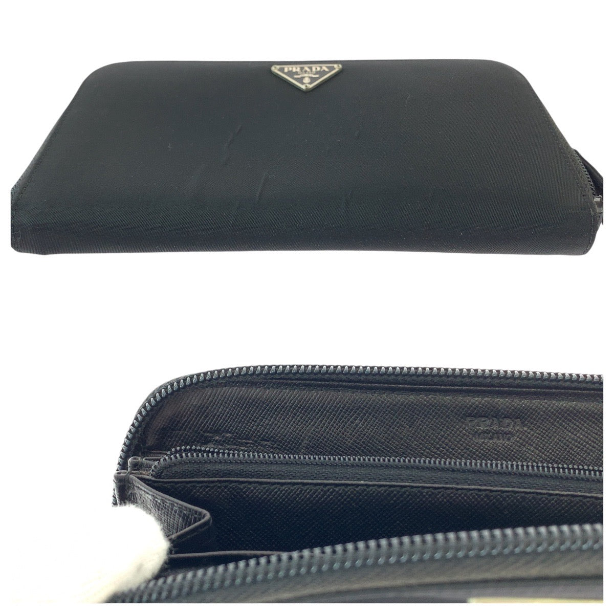 PRADA Tessuto Saffiano Triangle Logo Plate Black Silver Hardware Nylon/Leather Long Wallet Round Zipper Unisex Women's