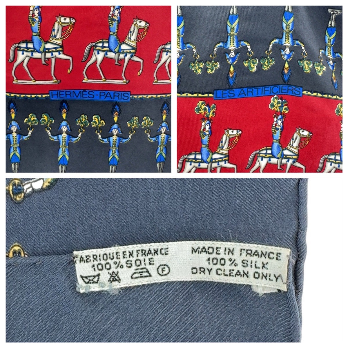 13329
HERMES エルメス LES ARTIFICIERS 花火師 騎士 カレ90 レッド マルチカラー シルク スカーフ レディース
