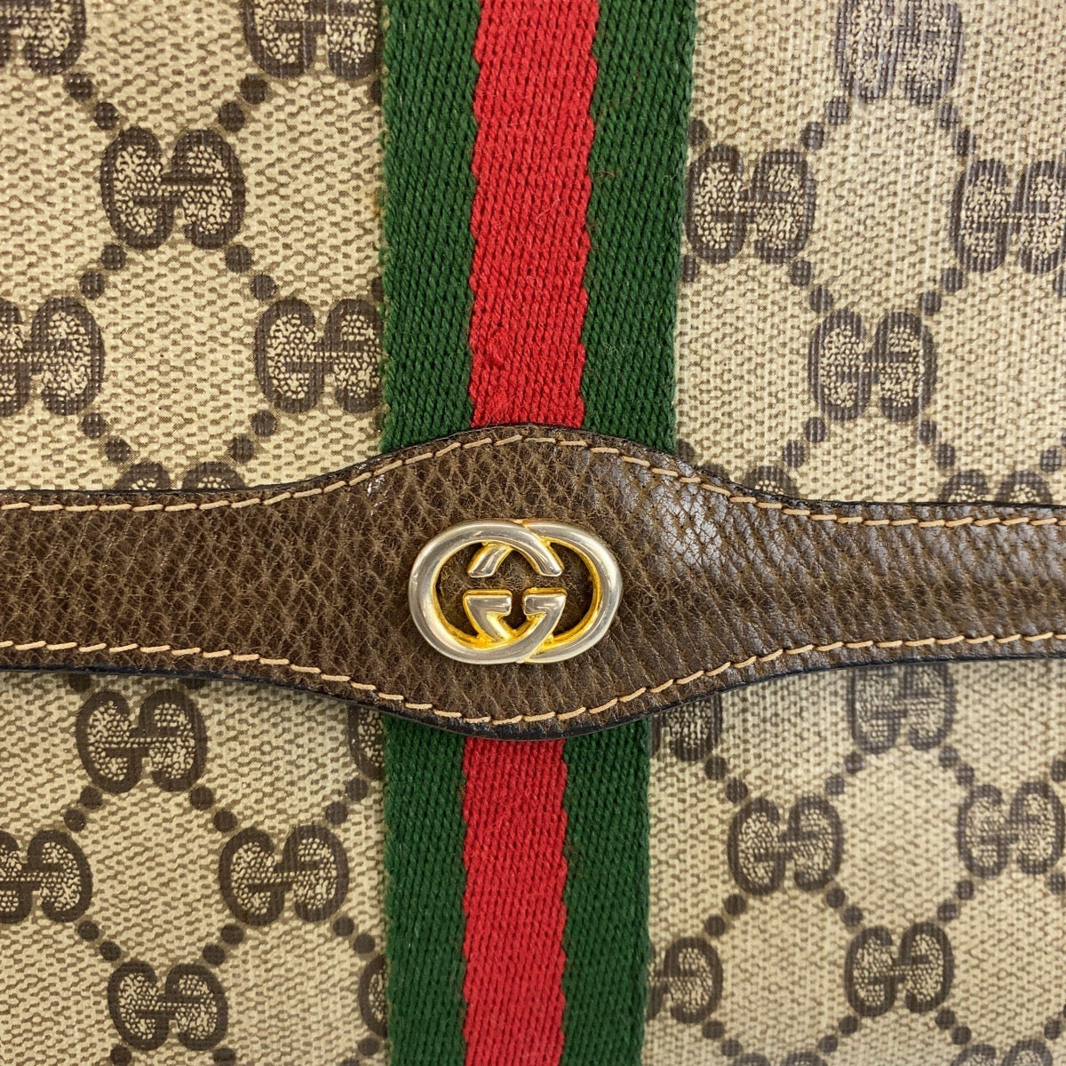 GUCCI グッチ ヴィンテージ シェリーライン オールドグッチ ブラウン ベージュ ゴールド金具 GGキャンバス / レザー 390184183 クラッチバッグ レディース