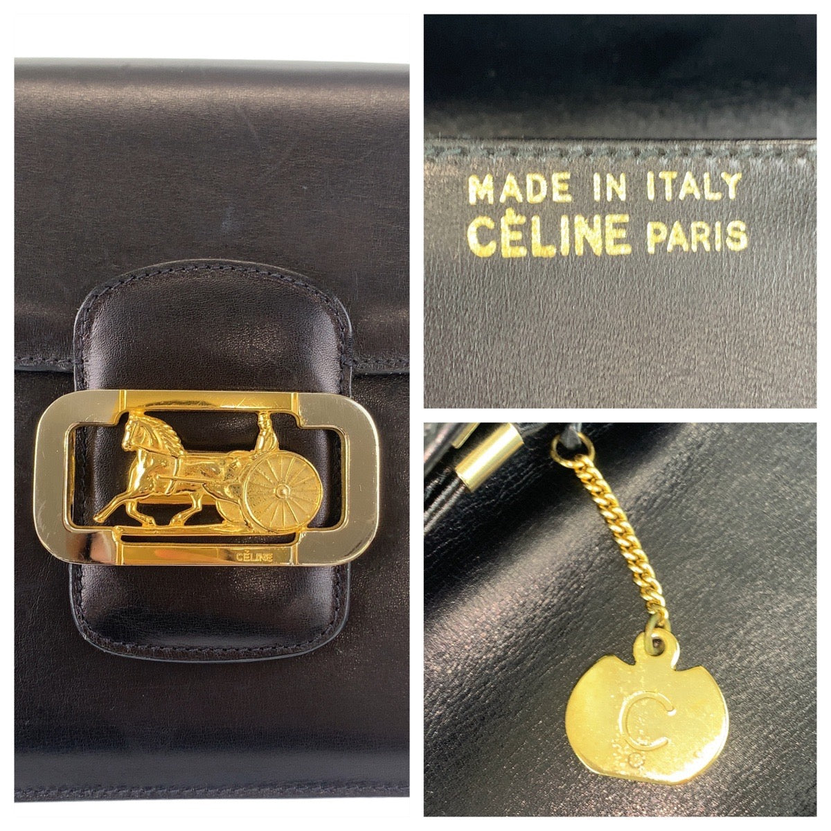 13354
CELINE セリーヌ ヴィンテージ ホースキャリッジ 馬車金具 ブラック 黒 ゴールド金具 レザー 斜め掛け ショルダーバッグ メッセンジャーバッグ レディース