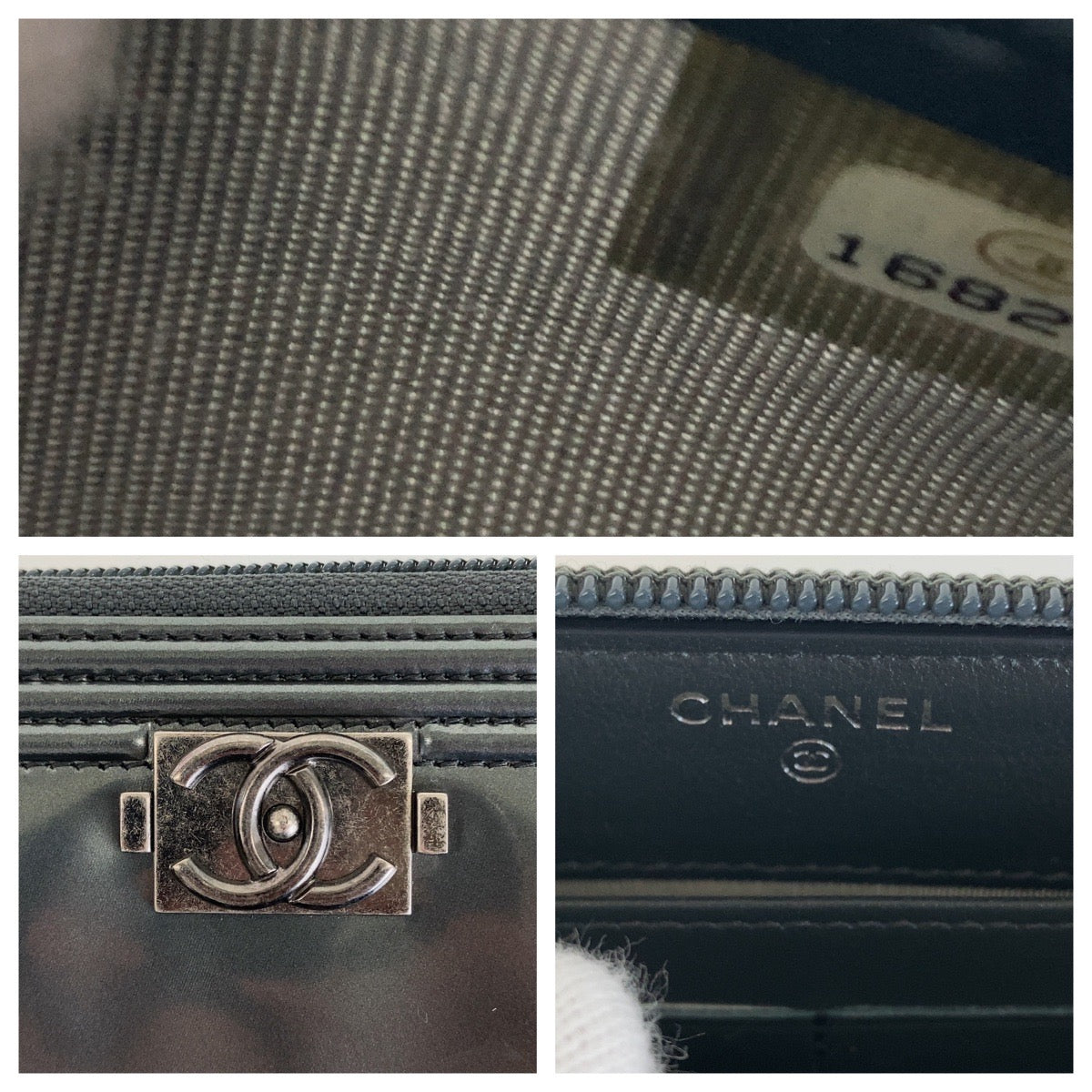 13392
CHANEL シャネル ボーイシャネル グレー メタリック ガンメタ金具 エナメル 長財布 ラウンドファスナー レディース