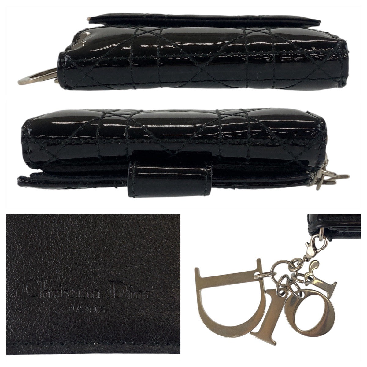 112834
Dior ディオール カナージュ ブラック 黒 シルバー金具 パテントレザー 折財布 コンパクトウォレット レディース