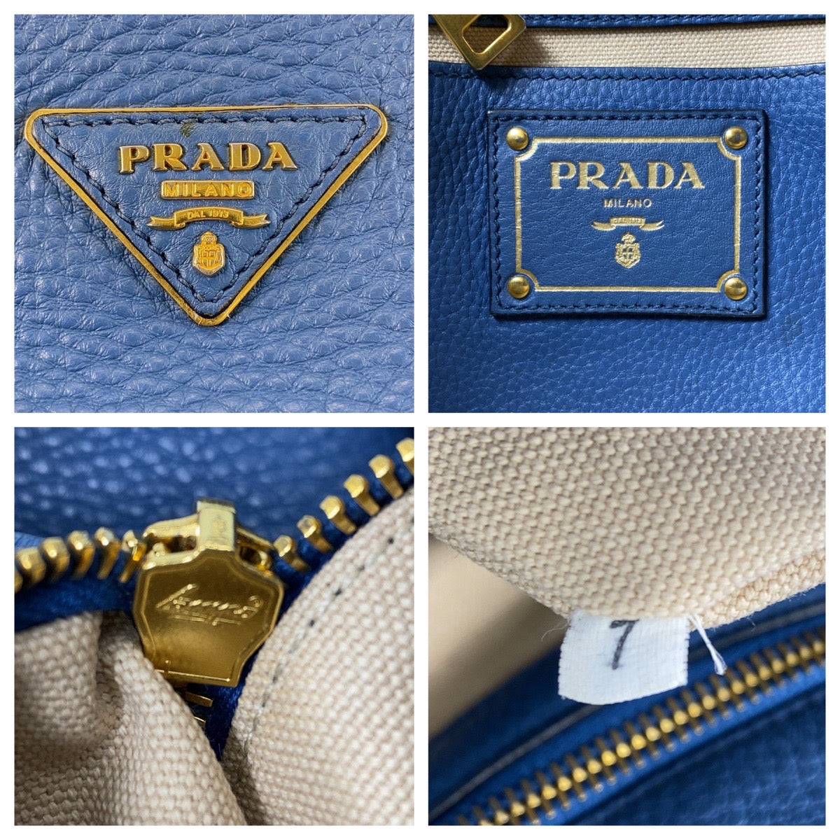 14081
PRADA プラダ 三角ロゴプレート ブルー ゴールド金具 レザー トートバッグ ショルダーバッグ レディース AB35
