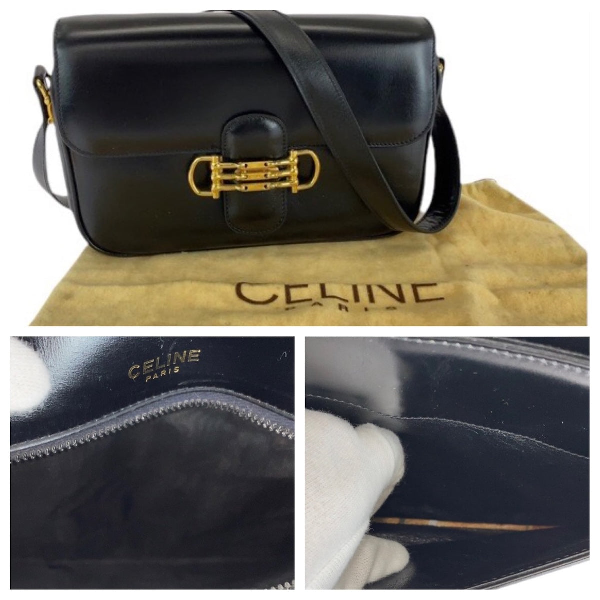 13456
CELINE セリーヌ ヴィンテージ ホースビット ブラック 黒 ゴールド金具 レザー ショルダーバッグ ポシェット レディース A39
