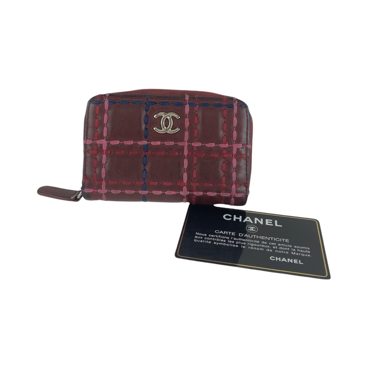 12775
CHANEL シャネル ステッチ ココマーク ワインレッド ボルドー シルバー金具 ラムスキン 折財布 コインケース レディース