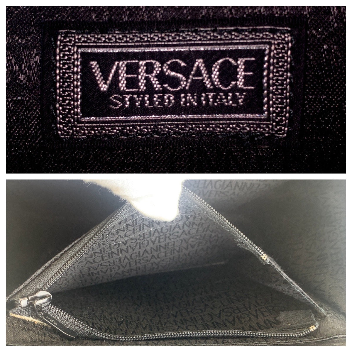13668
VERSACE ヴェルサーチ ヴィンテージ サンバースト ブラック 黒 ゴールド金具 エナメル ハンドバッグ バニティバッグ レディース