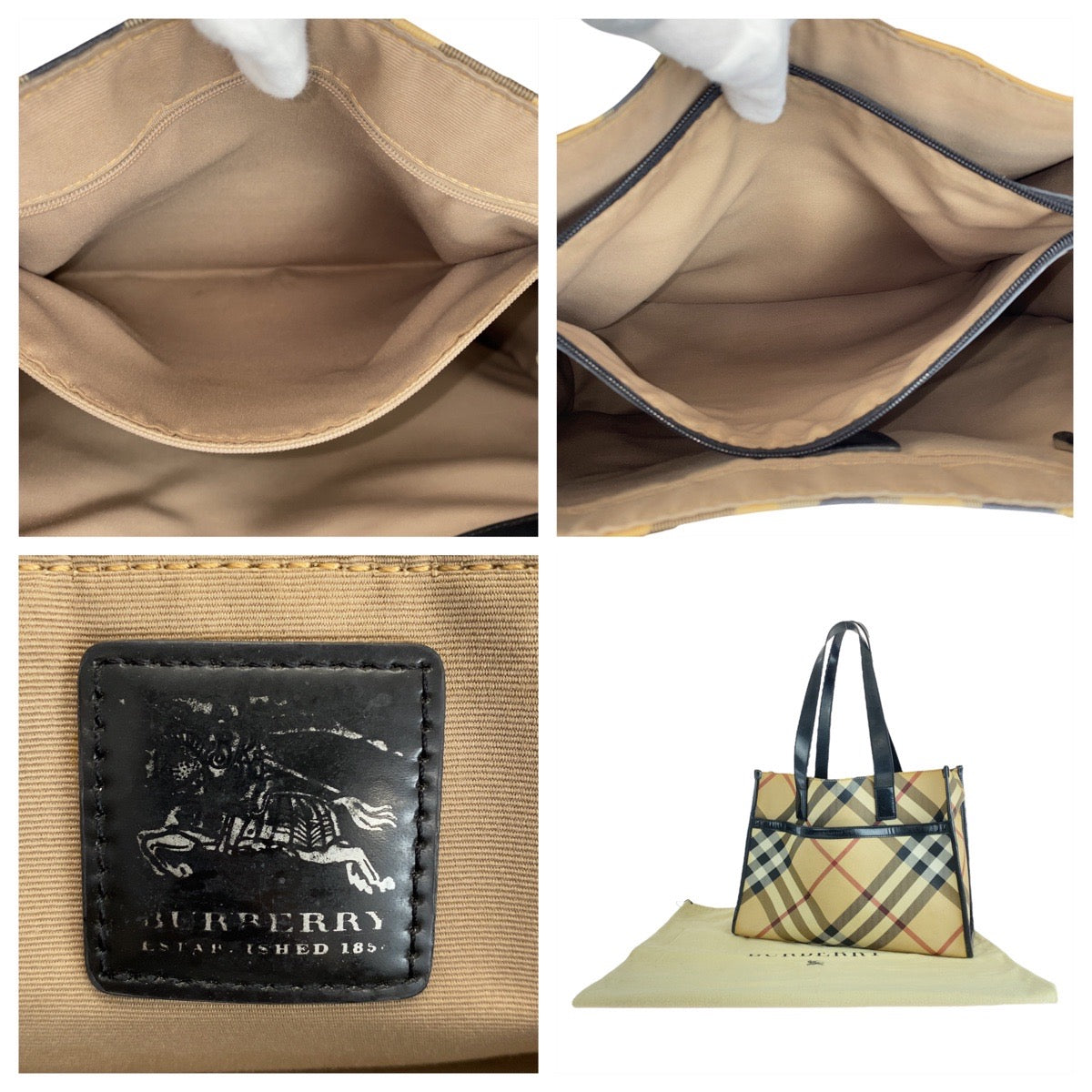 14198
BURBERRY バーバリー チェック柄 ベージュ ブラック 黒 PVC / レザー トートバッグ ショルダーバッグ レディース