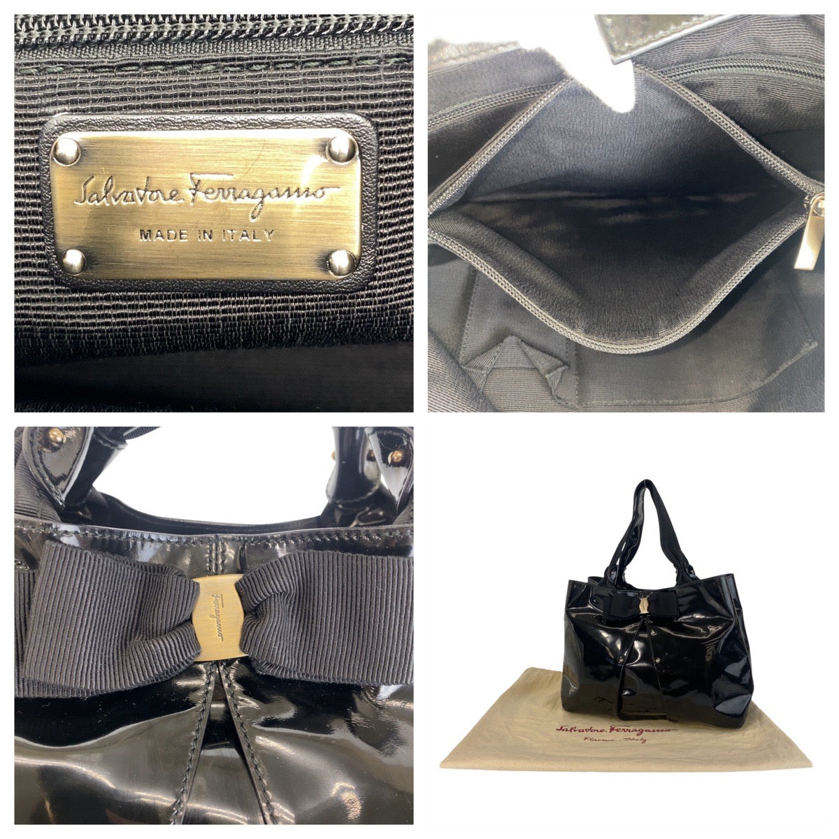 14202
Salvatore Ferragamo サルヴァトーレフェラガモ ヴァラリボン ブラック 黒 ゴールド金具 パテントレザー ハンドバッグ トートバッグ レディース
