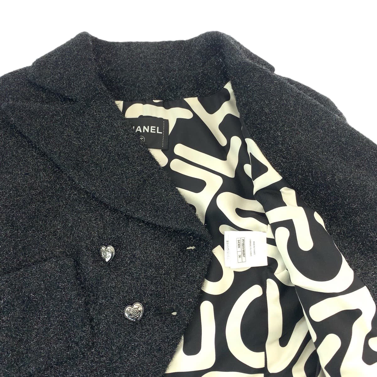 13774
CHANEL シャネル ラメ フェザー ココマーク サイズ36 ブラック 黒 ガンメタ金具 コットン / ポリエステル P71194V48297 短丈 ショート丈 テーラードジャケット レディース SA278