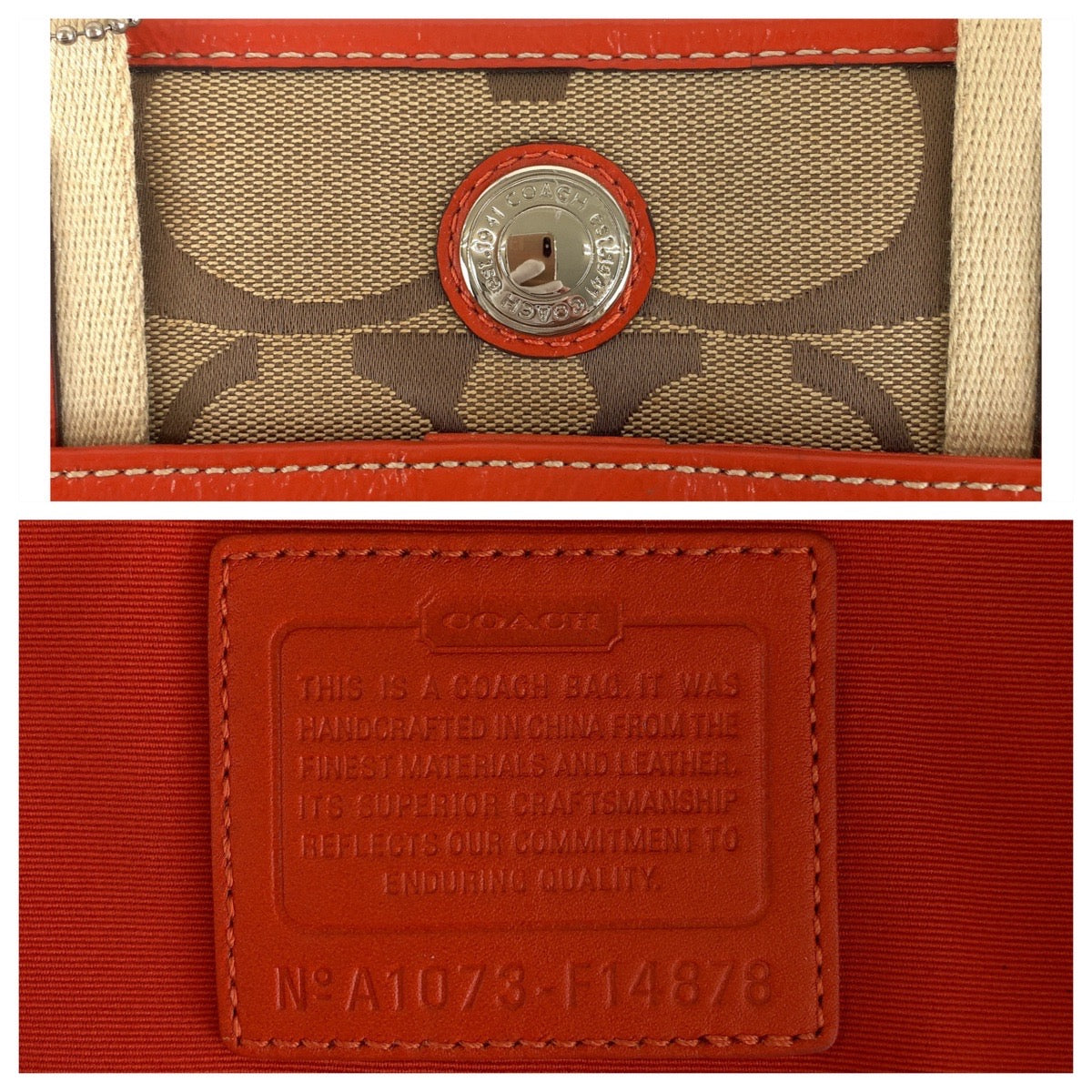 13786
COACH コーチ シグネチャー ベージュ オレンジ シルバー金具 キャンバス トートバッグ ショルダーバッグ レディース
