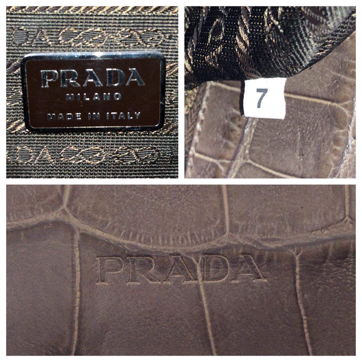 13848
PRADA プラダ テスート クロコ型押し グレー シルバー金具 ナイロン ハンドバッグ ショルダーバッグ レディース