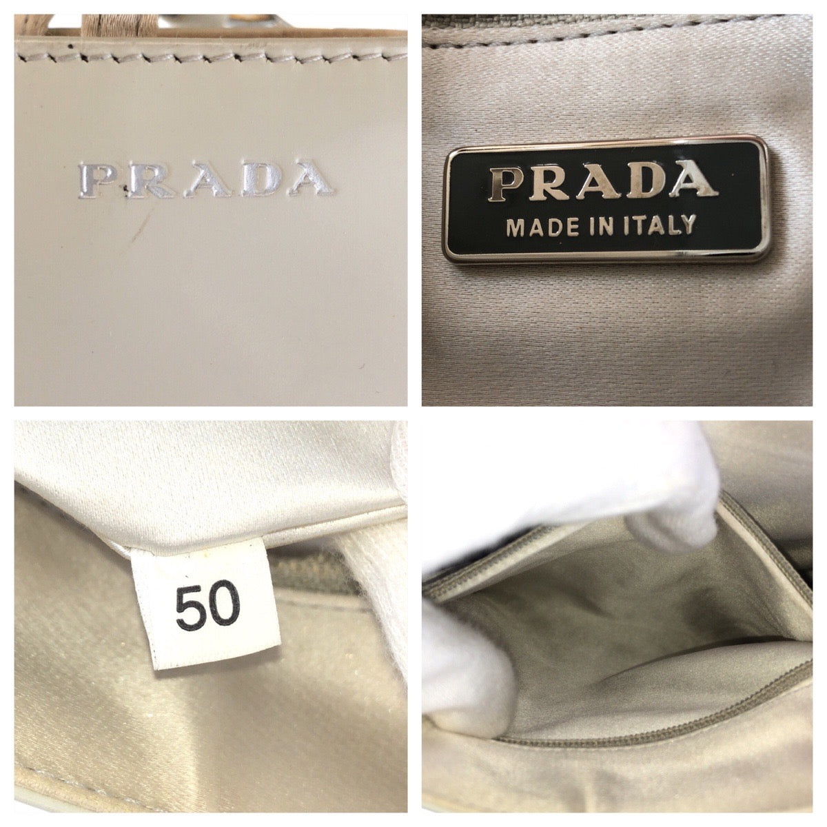 13851
PRADA プラダ ロゴ ホワイト シルバー金具 パテントレザー ハンドバッグ トートバッグ レディース