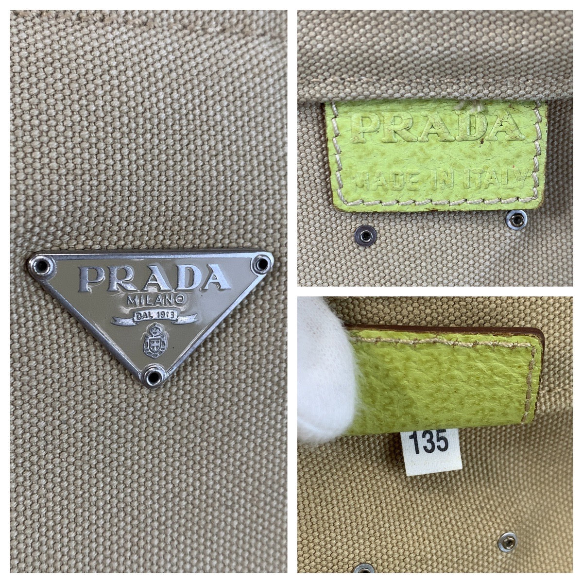 13888
PRADA プラダ 三角ロゴプレート ベージュ グリーン シルバー金具 キャンバス / レザー トートバッグ ハンドバッグ レディース AB13