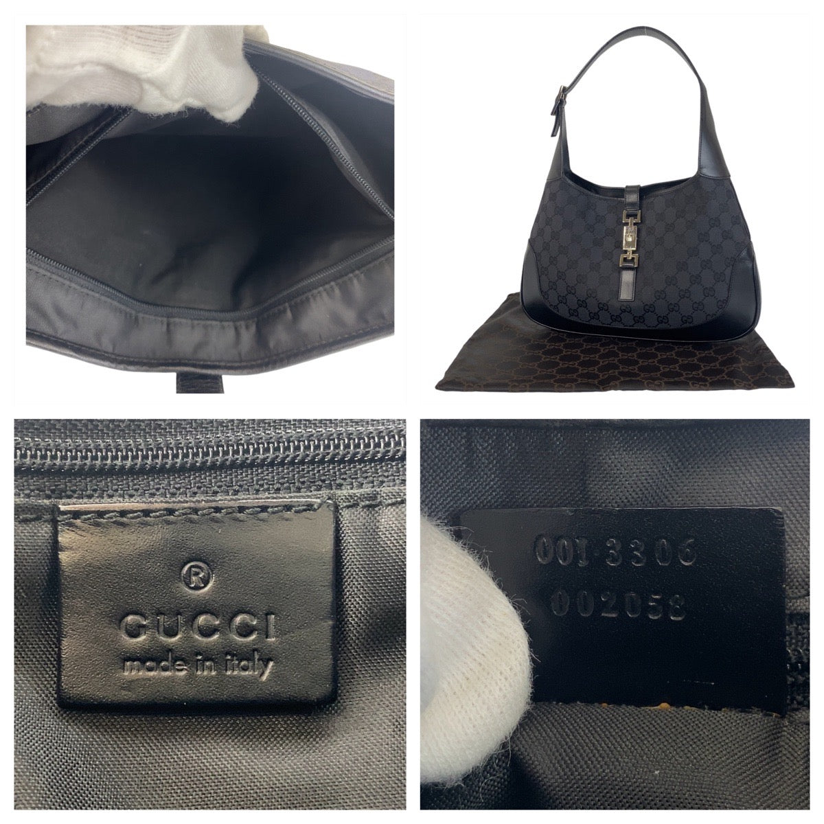 GUCCI グッチ ジャッキー ブラック 黒 シルバー金具 GGキャンバス / レザー 001 3306 ホーボー ショルダーバッグ レディース