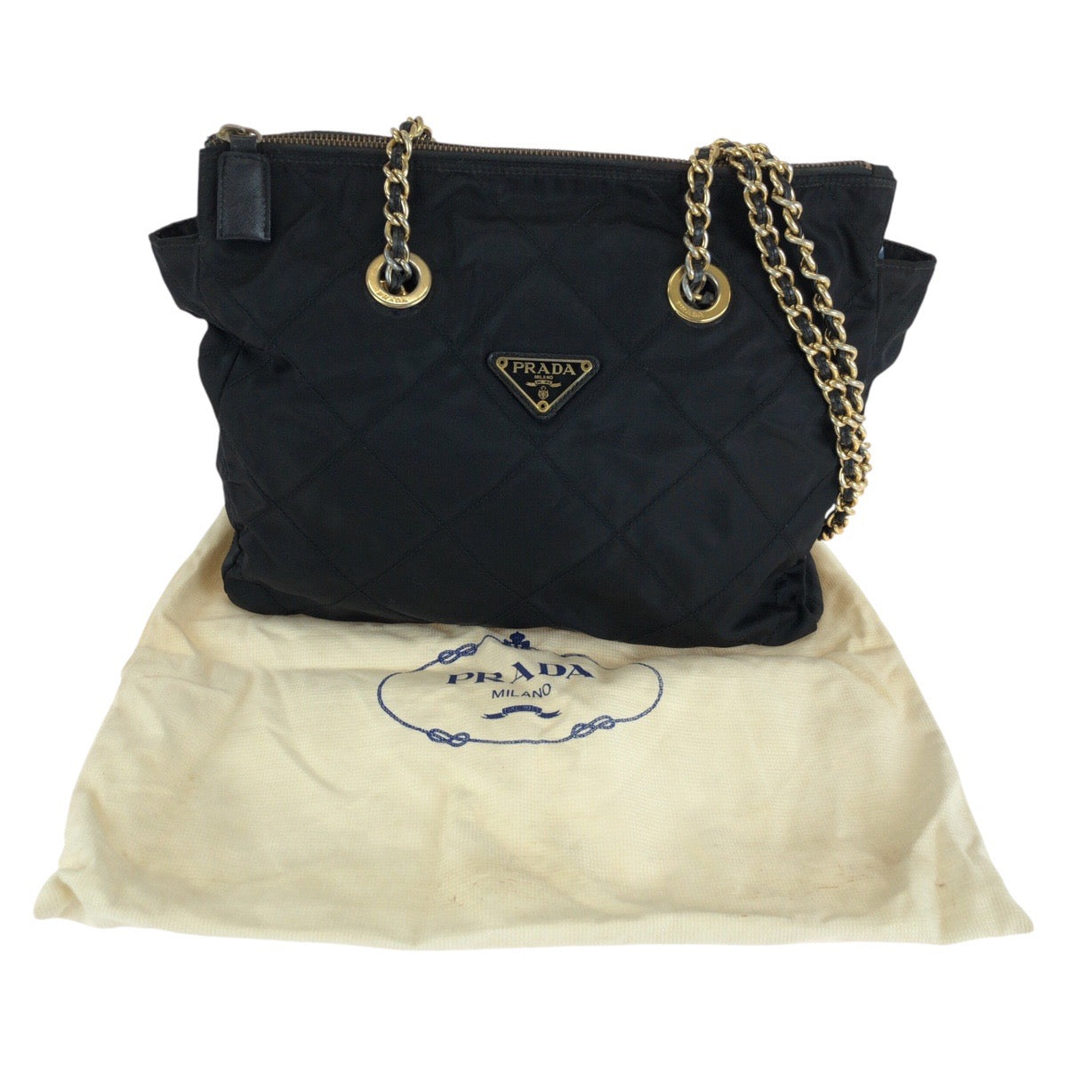 13911
PRADA プラダ ヴィンテージ テスート 三角ロゴプレート キルティング ブラック 黒 ゴールド金具 ナイロン チェーンショルダーバッグ レディース