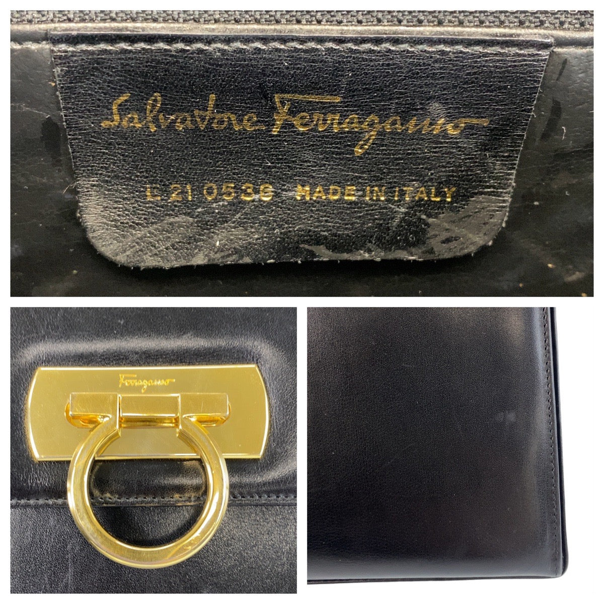14467
Salvatore Ferragamo サルヴァトーレフェラガモ ヴィンテージ ガンチーニ ブラック 黒 ゴールド金具 レザー ハンドバッグ レディース