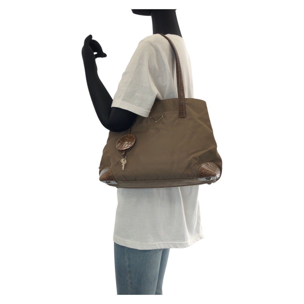 14485
PRADA プラダ テスート 三角ロゴプレート クロコ型押し カーキ ブラウン シルバー金具 ナイロン / レザー トートバッグ ショルダーバッグ レディース