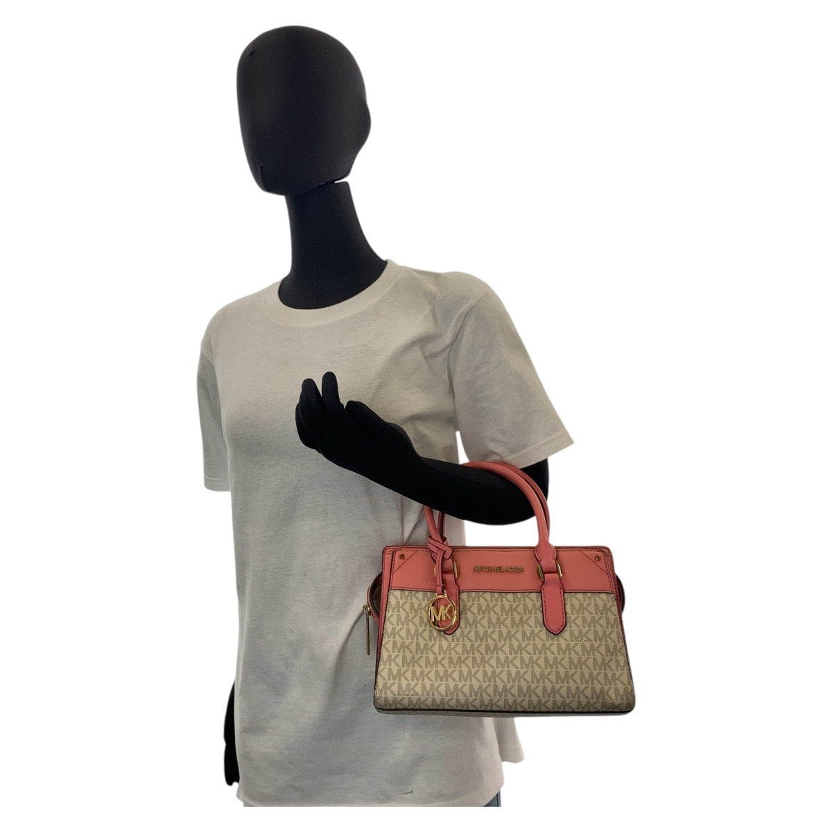 14544
Michael Kors マイケルコース MKシグネチャー サッチェル スモール ピンク ホワイト ゴールド金具 PVC / レザー ハンドバッグ ショルダーバッグ 2way レディース