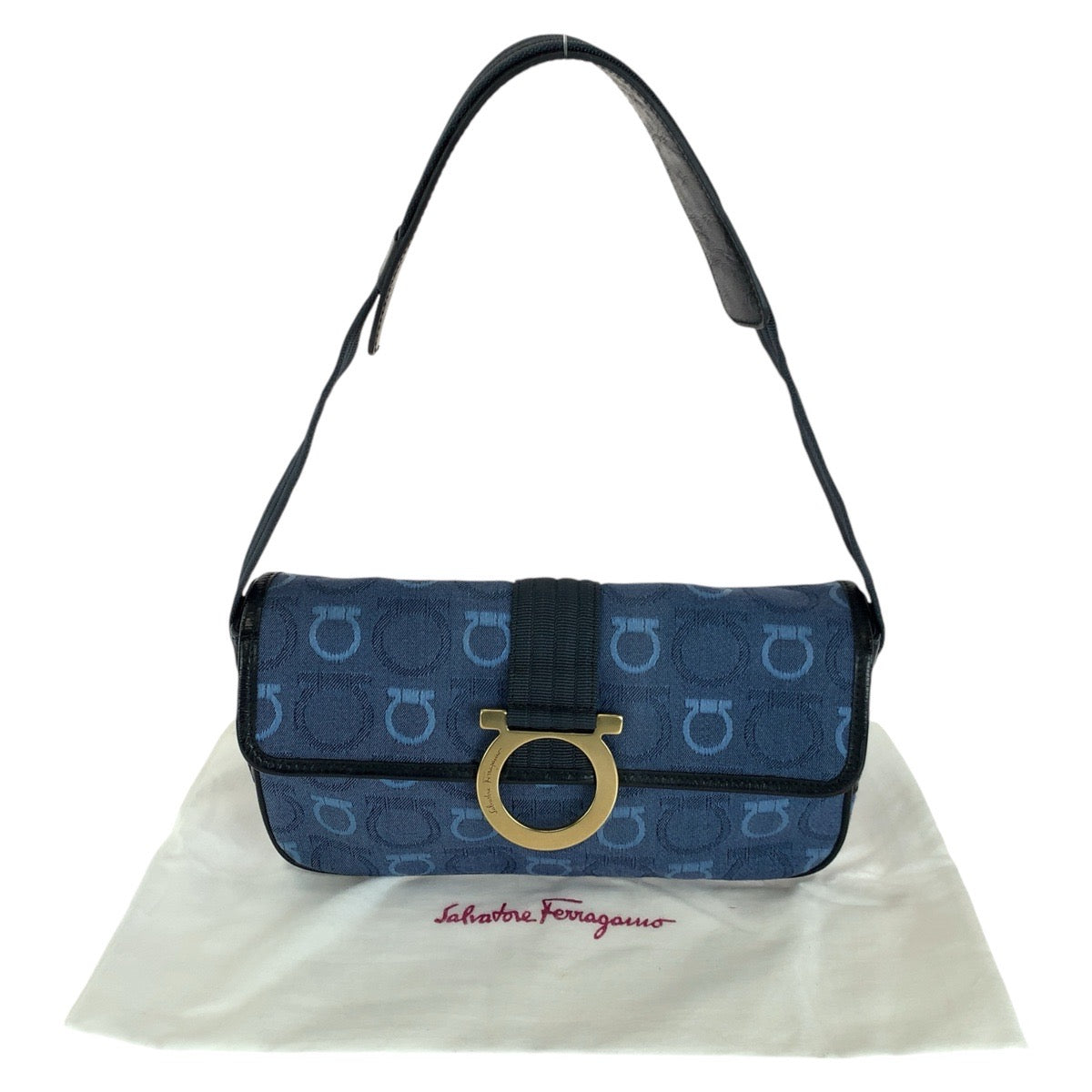 14561
Salvatore Ferragamo サルヴァトーレフェラガモ ガンチーニ ブルー ゴールド金具 キャンバス / レザー ショルダーバッグ レディース