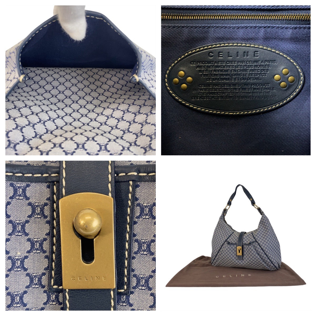 14632
CELINE セリーヌ マカダム グレー ネイビー ゴールド金具 キャンバス / レザー ホーボー ショルダーバッグ レディース ABP32