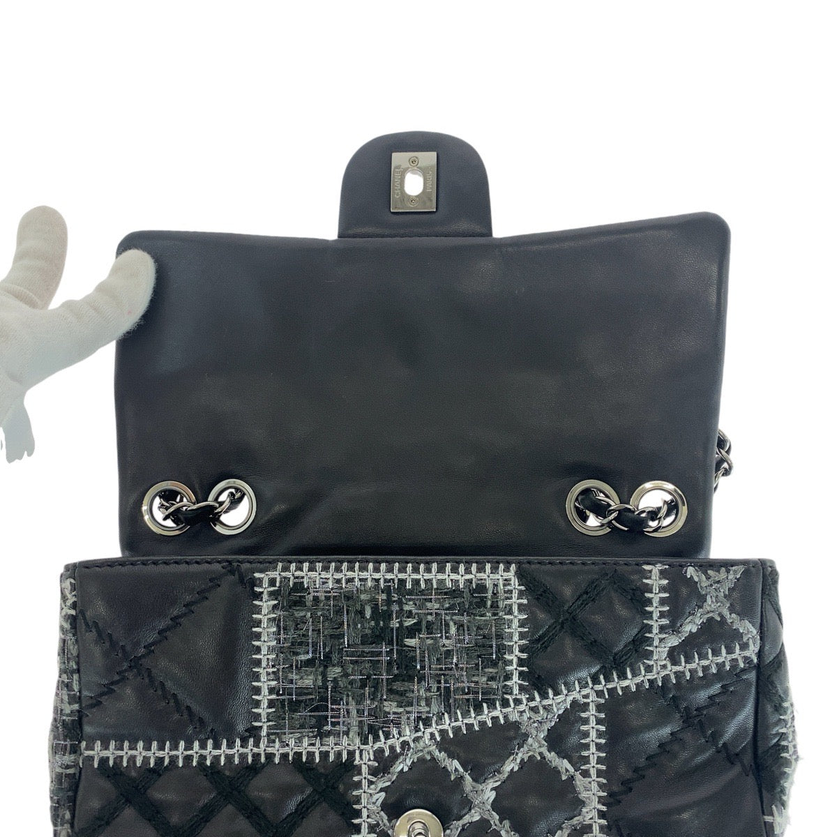 CHANEL シャネル ワイルドステッチ パッチワーク ココマーク ターンロック ブラック 黒 シルバー金具 ラムスキン / ツイード ショルダーバッグ レディース