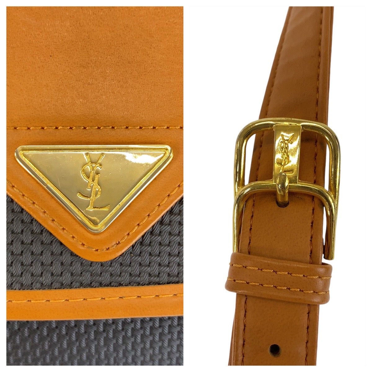 14782
YVES SAINT LAURENT イヴ サンローラン ヴィンテージ YSL ブラック 黒 ブラウン ゴールド金具 キャンバス / レザー 斜め掛け ショルダーバッグ メッセンジャーバッグ レディース A19