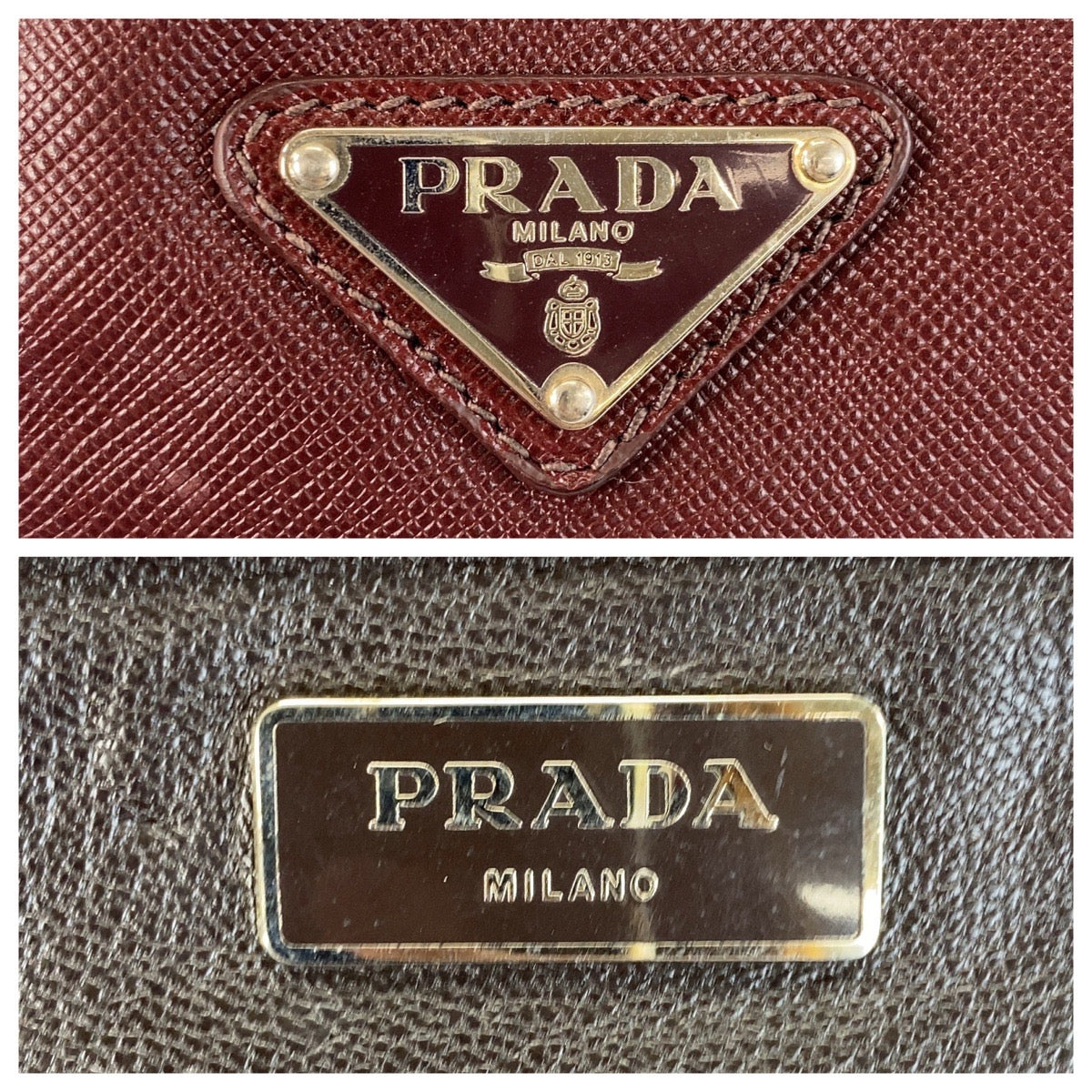 14816
PRADA Prada Saffiano Triangle Logo Plate Wine Red Silver Hardware Leather Boston Bag Business Bag Men's