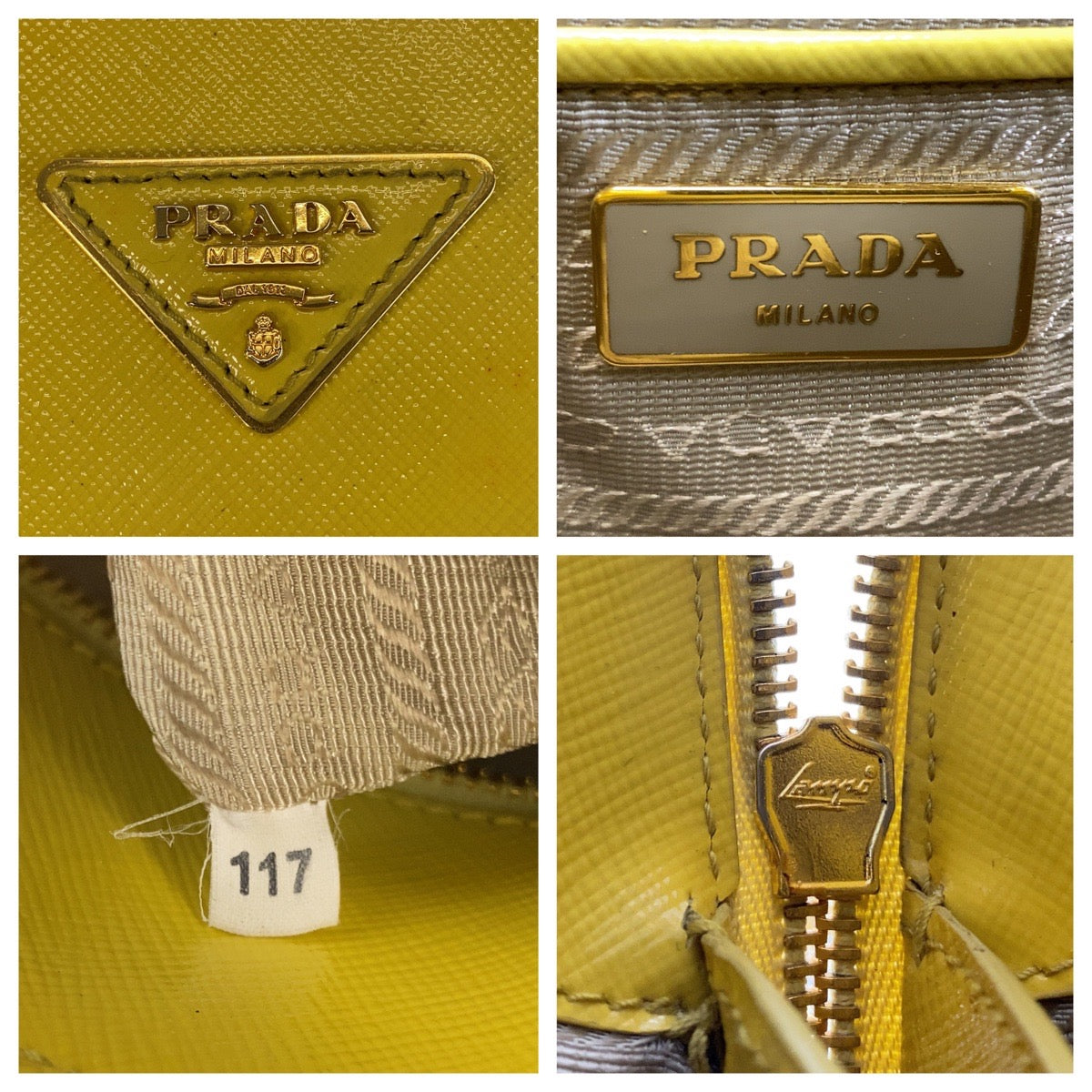 14817
PRADA プラダ サフィアーノ プロムナード 三角ロゴプレート イエロー ゴールド金具 レザー ハンドバッグ レディース