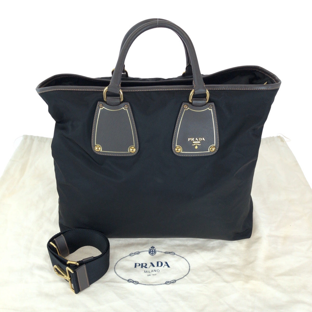 14825
PRADA プラダ テスート サフィアーノ ブラック ゴールド金具 ナイロン / レザー トートバッグ ショルダーバッグ 2way メンズ A46