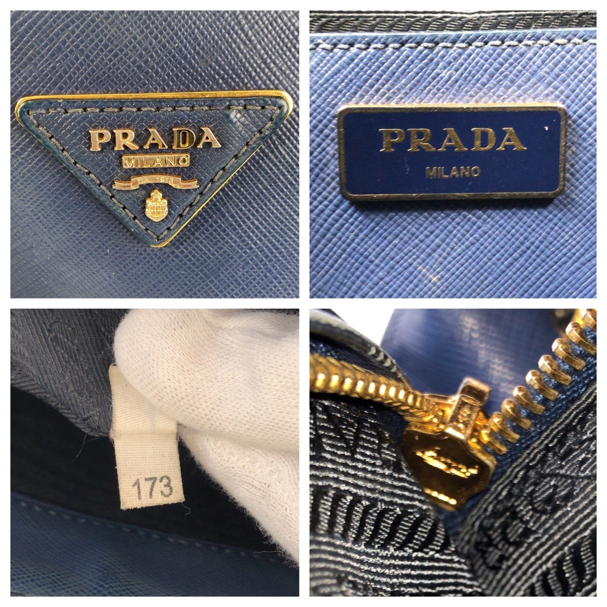 15136
PRADA プラダ サフィアーノ ガレリア 三角ロゴプレート ブルー ゴールド金具 レザー ハンドバッグ ショルダーバッグ 2way レディース