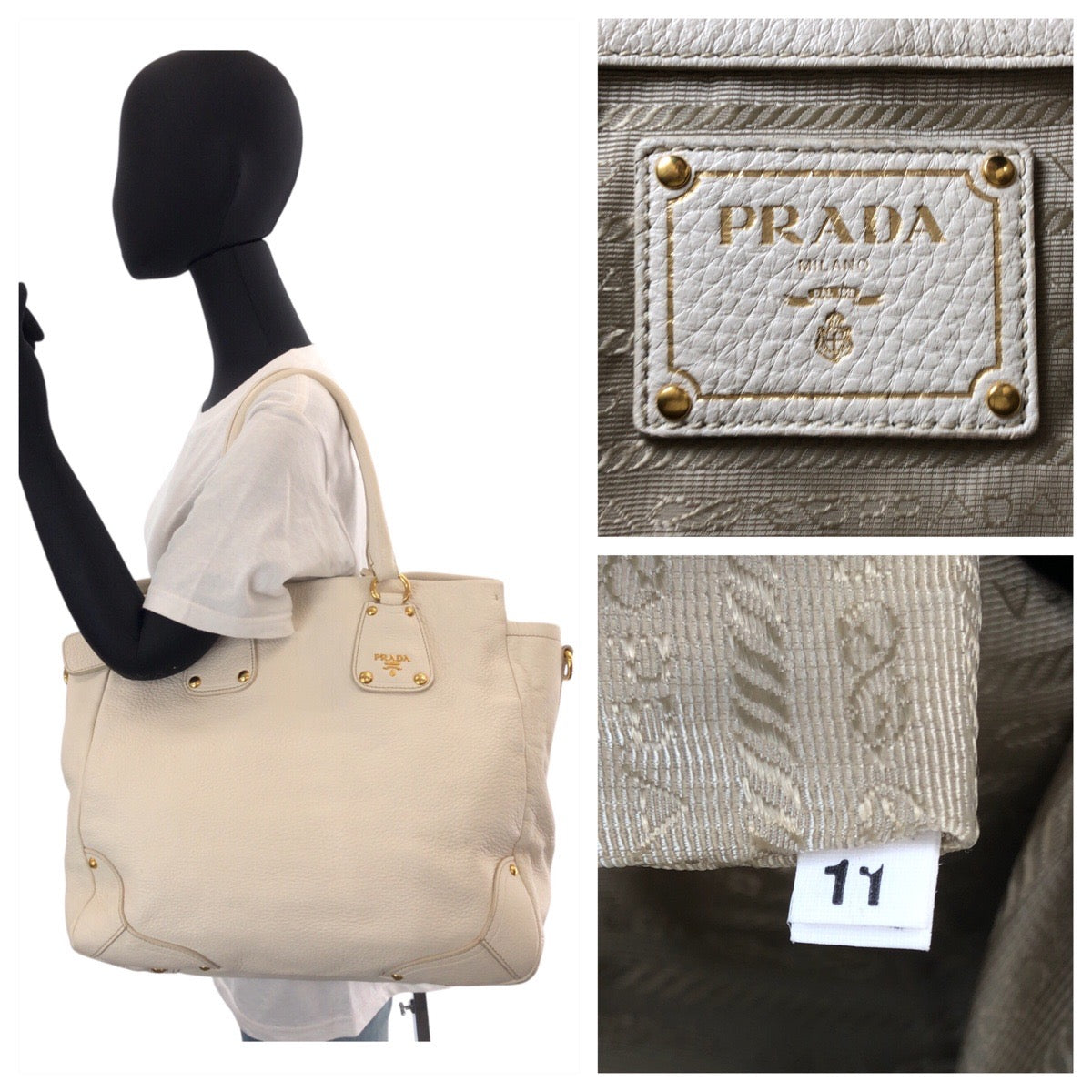 15141
PRADA プラダ ヴィッテロダイノ ホワイト アイボリー ゴールド金具 レザー トートバッグ ショルダーバッグ 2way レディース AB46