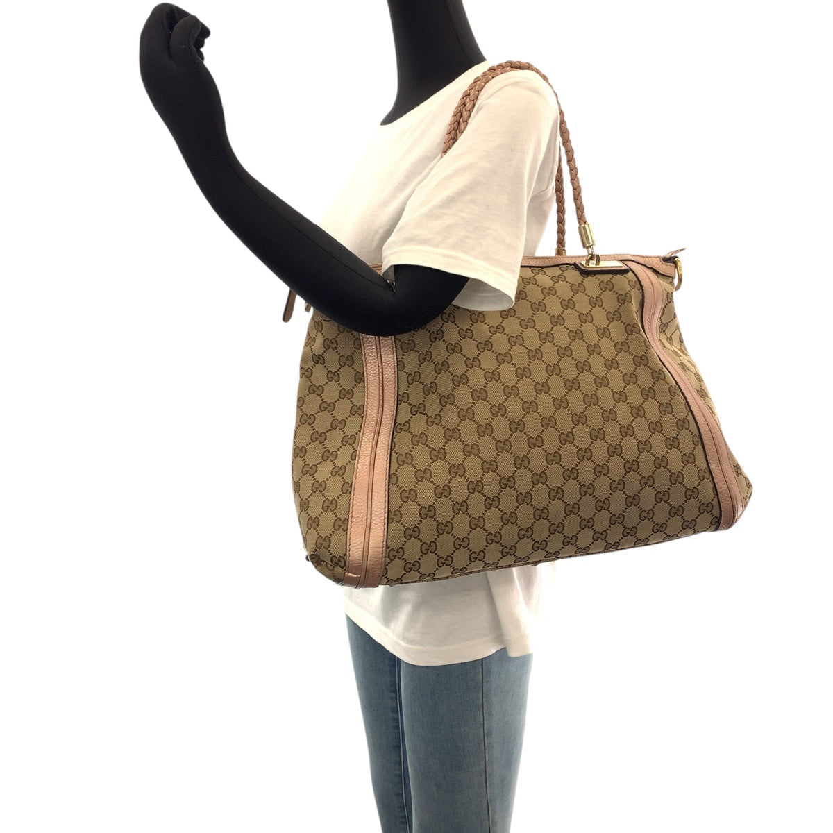 15241
GUCCI グッチ ベージュ ピンク ゴールド金具 GGキャンバス / レザー 259946 トートバッグ ショルダーバッグ レディース