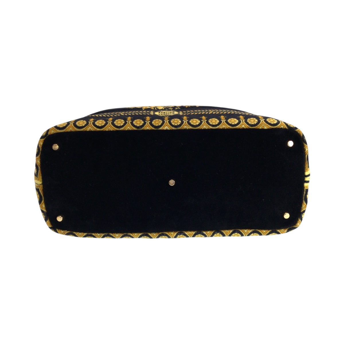 15293
VERSACE ヴェルサーチ ヴィンテージ バロック柄 メデューサ ブラック イエロー ゴールド金具 コットン ホーボー ワンショルダーバッグ 肩掛け レディース