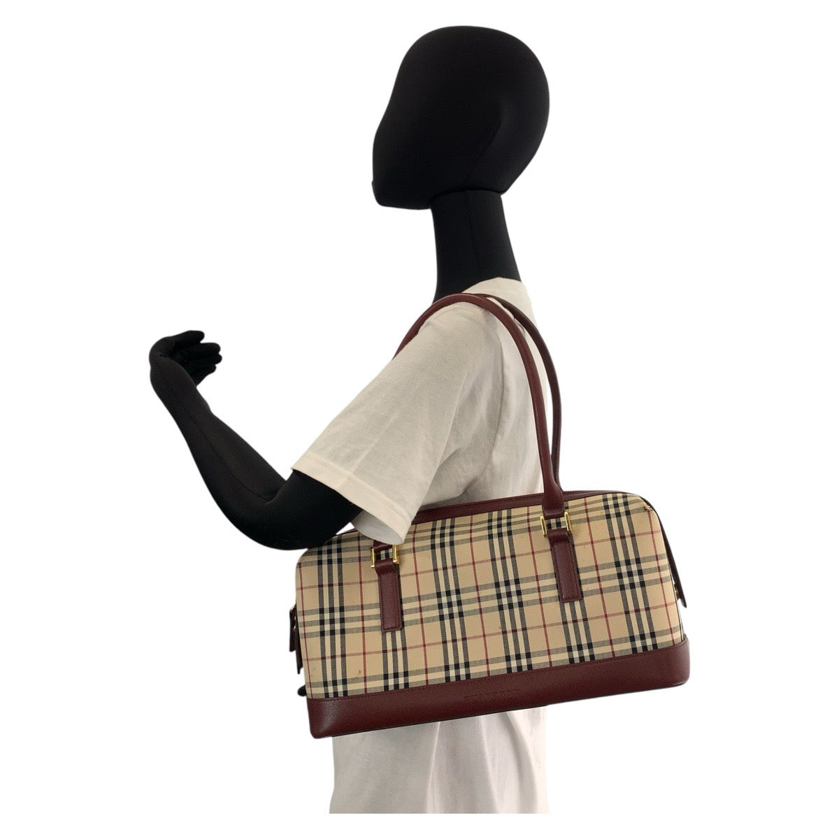 15305
BURBERRY バーバリー チェック柄 ベージュ ボルドー ゴールド金具 キャンバス / レザー ショルダーバッグ レディース