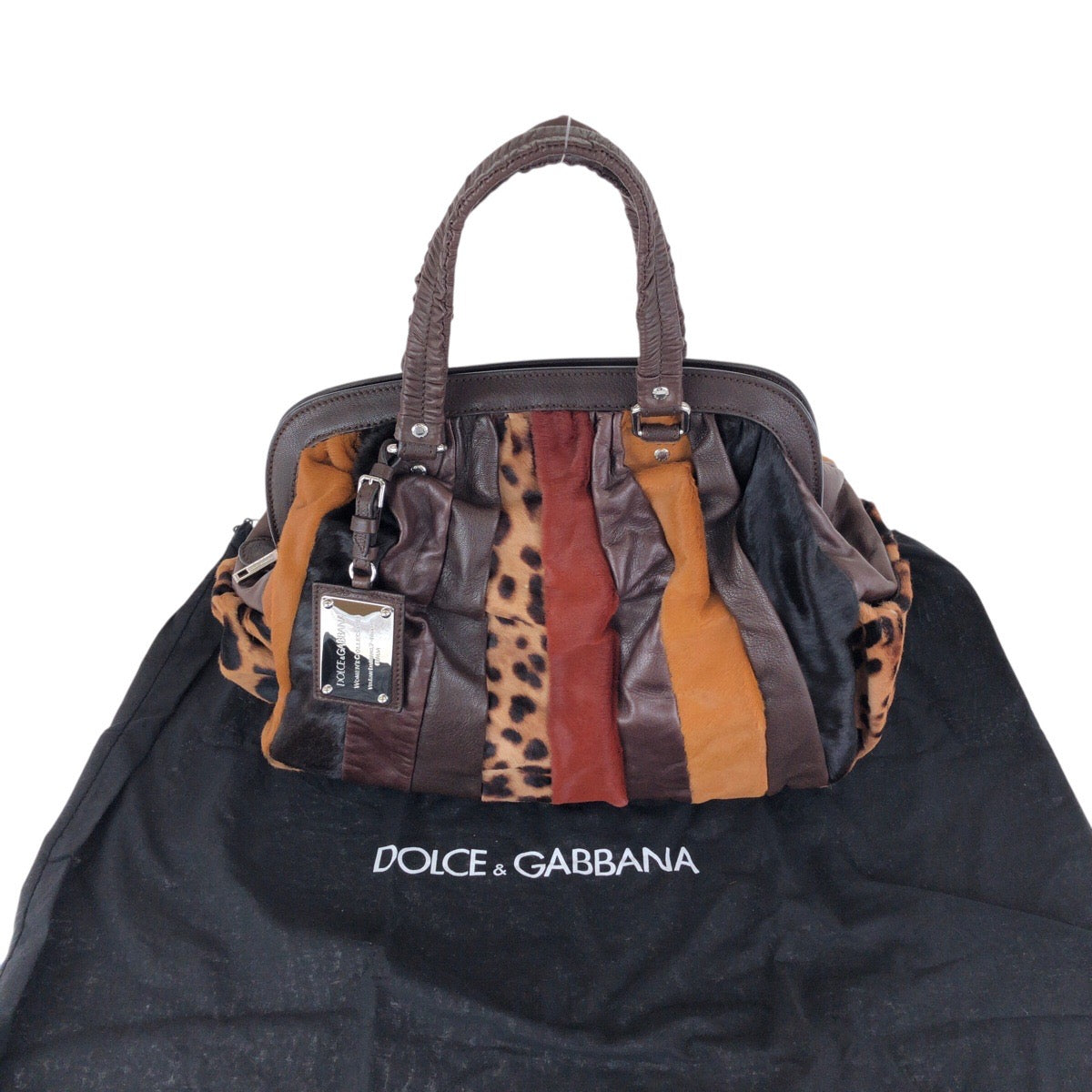 15313
DOLCE&GABBANA ドルチェアンドガッバーナ パッチワーク ブラウン シルバー金具 ハラコ / レザー トートバッグ ハンドバッグ レディース