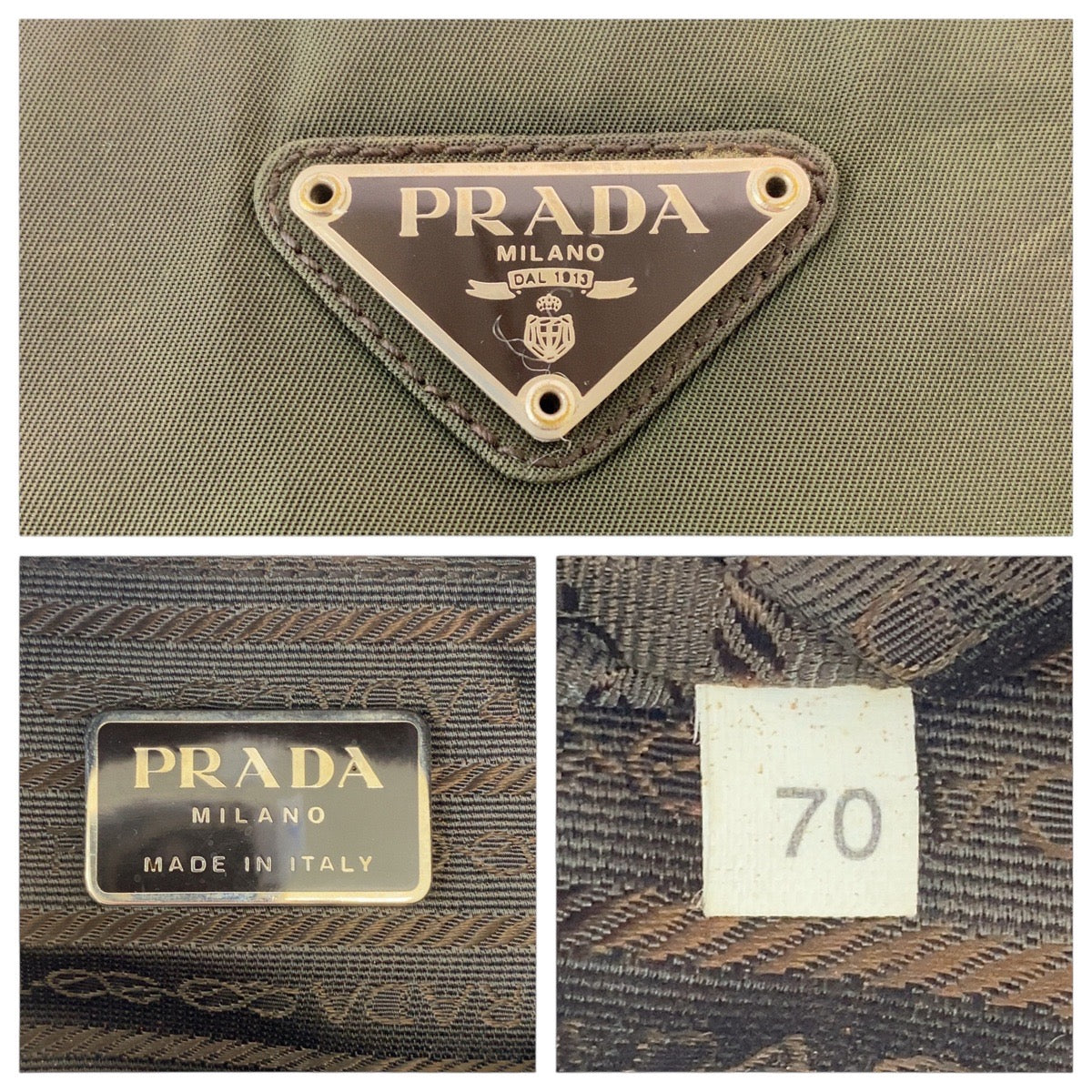 15596
PRADA プラダ テスート 三角ロゴプレート カーキ シルバー金具 ナイロン トートバッグ ショルダーバッグ レディース